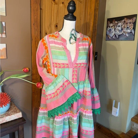 Neon Aztec Jacquard Mini-Dress with embellished lace trim includes two bracelets - Picture 4 of 12